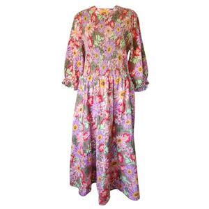 Sweet Salt Modest Floral Midi Dress Size L Cotton Smocked Lined Summer Spring
